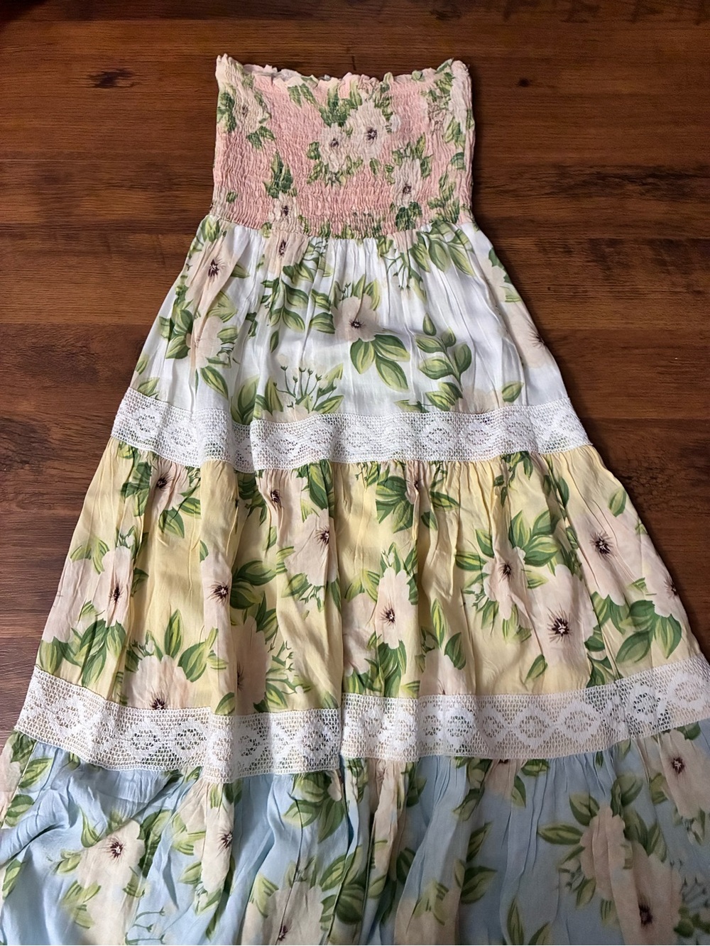 Strapless Floral Tiered Sundress in Pink, Yellow & Blue